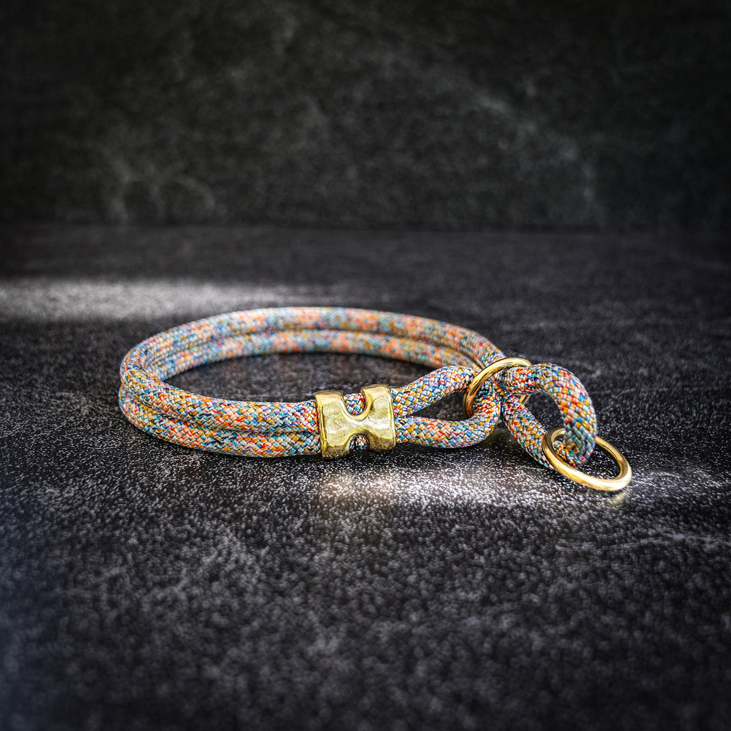 Multicolored rope dog collar with a brass clasp on a dark textured background