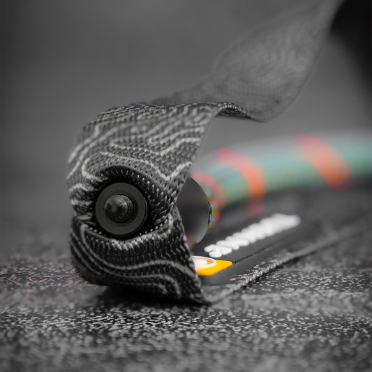 close-up of the handle on a rope dog leash using Mammut climbing rope on a gray bokeh background