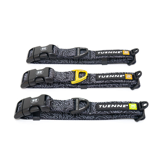 Black Topographic Dog Collar with durable polyester webbing and gold D-ring – flat lay product image waterproof