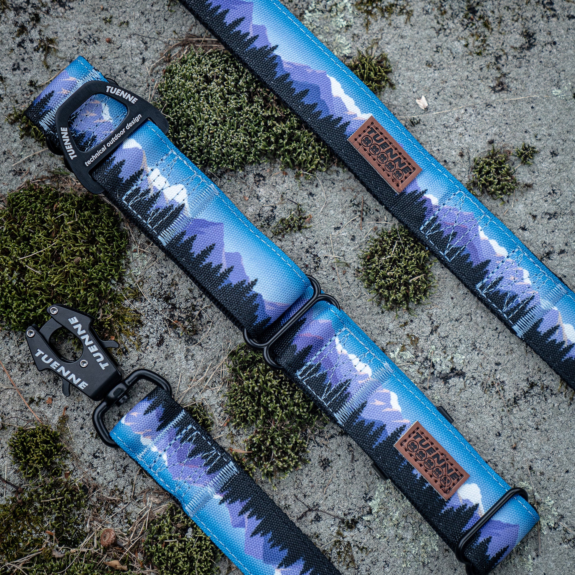 Close-up of Tuenne Sierra Nevada leash and colar featuring frog clip and wide nylon webbing