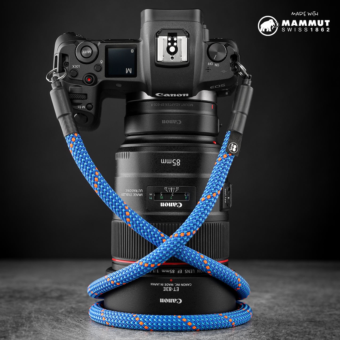 Blue climbing rope camera strap