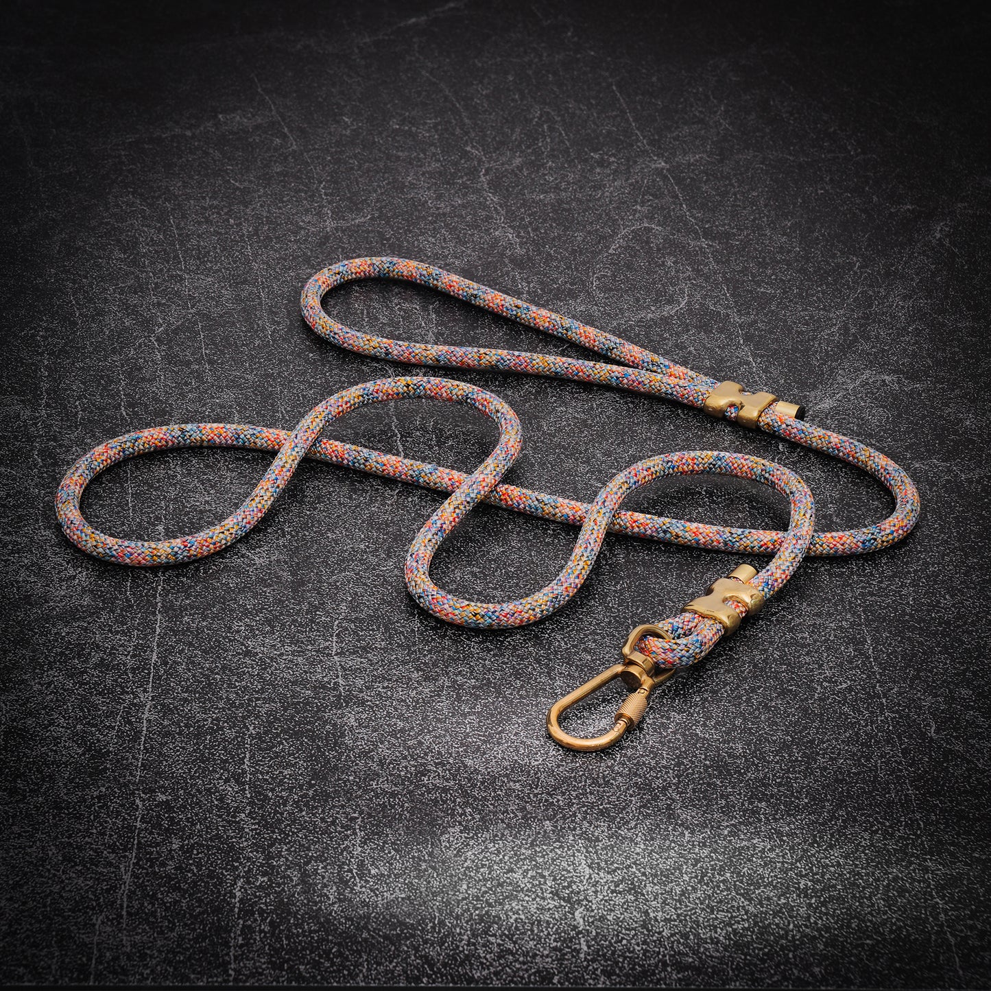 Multicolored rope dog leash with brass hardware on a dark textured background