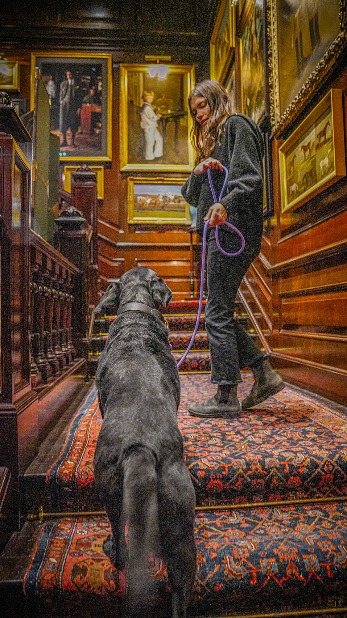 Woman with a dog in an ornate interior setting with paintings on the walls.