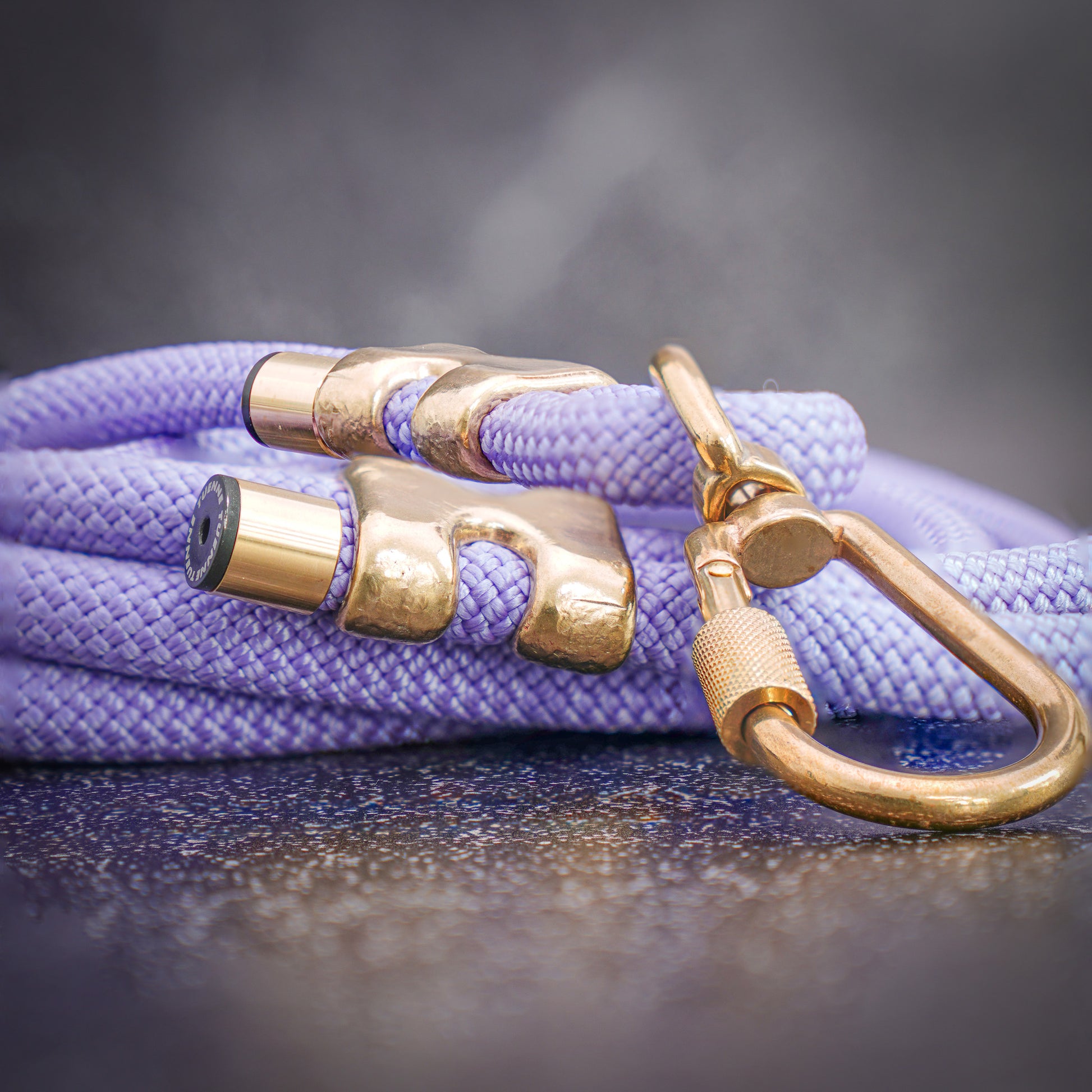 Purple rope dog leash with gold hardware on a dark surface