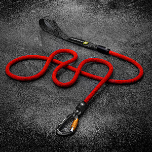 Full view of red climbing rope dog leash with aluminium hardware – Tuenne
