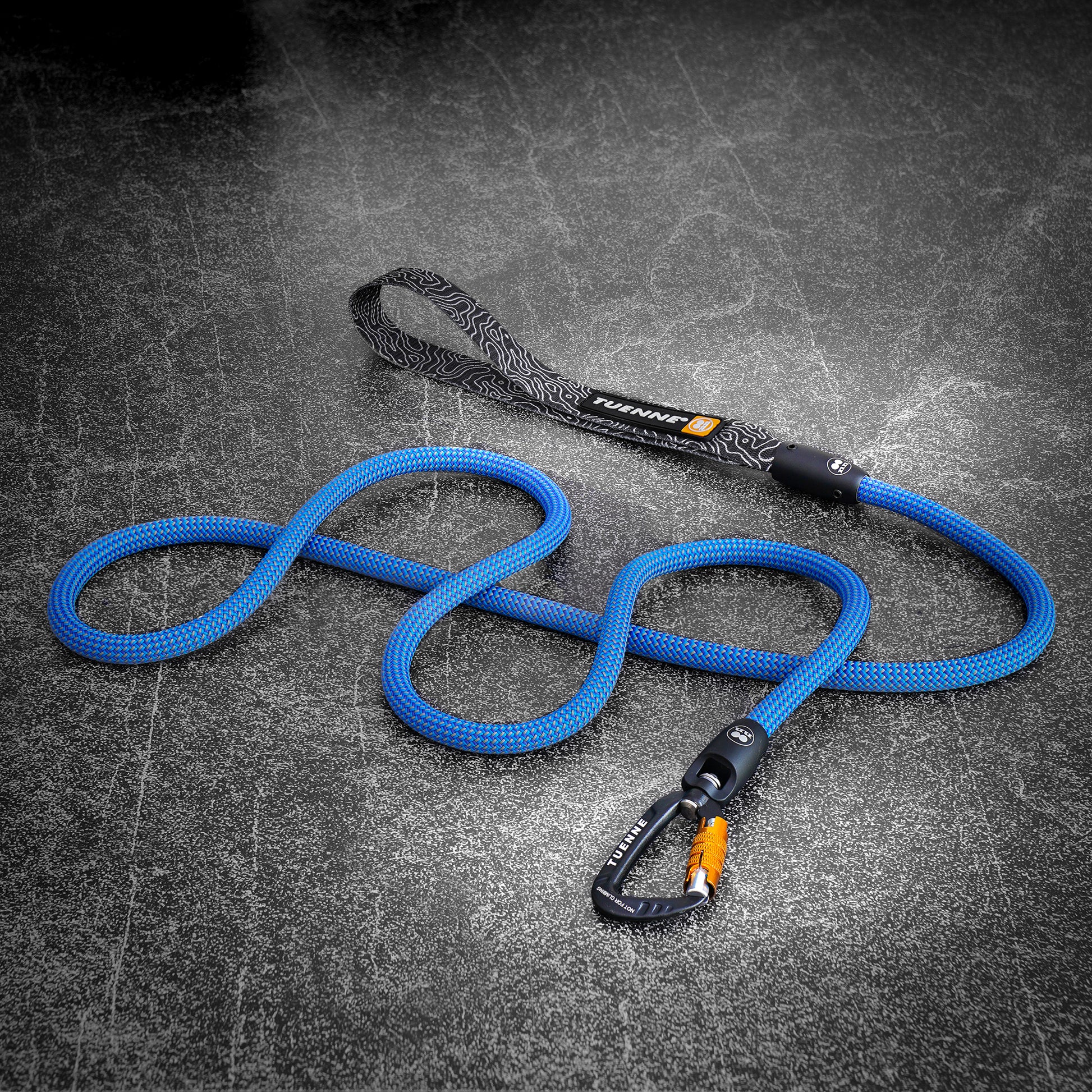 blue dog leash made with climbing rope on a slate board