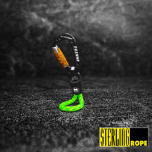 Close-up of neon green Tuenne rope keychain with auto-locking carabiner