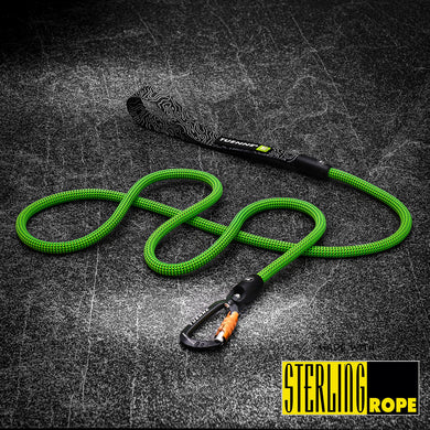 Full view of the green Sterling Dragon 9.5mm rope dog leash with auto-locking carabiner