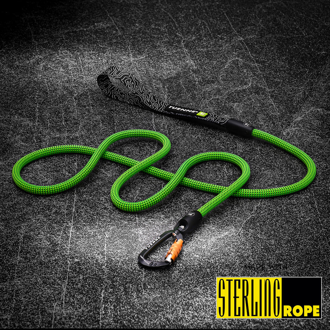 Full view of the green Sterling Dragon 9.5mm rope dog leash with auto-locking carabiner