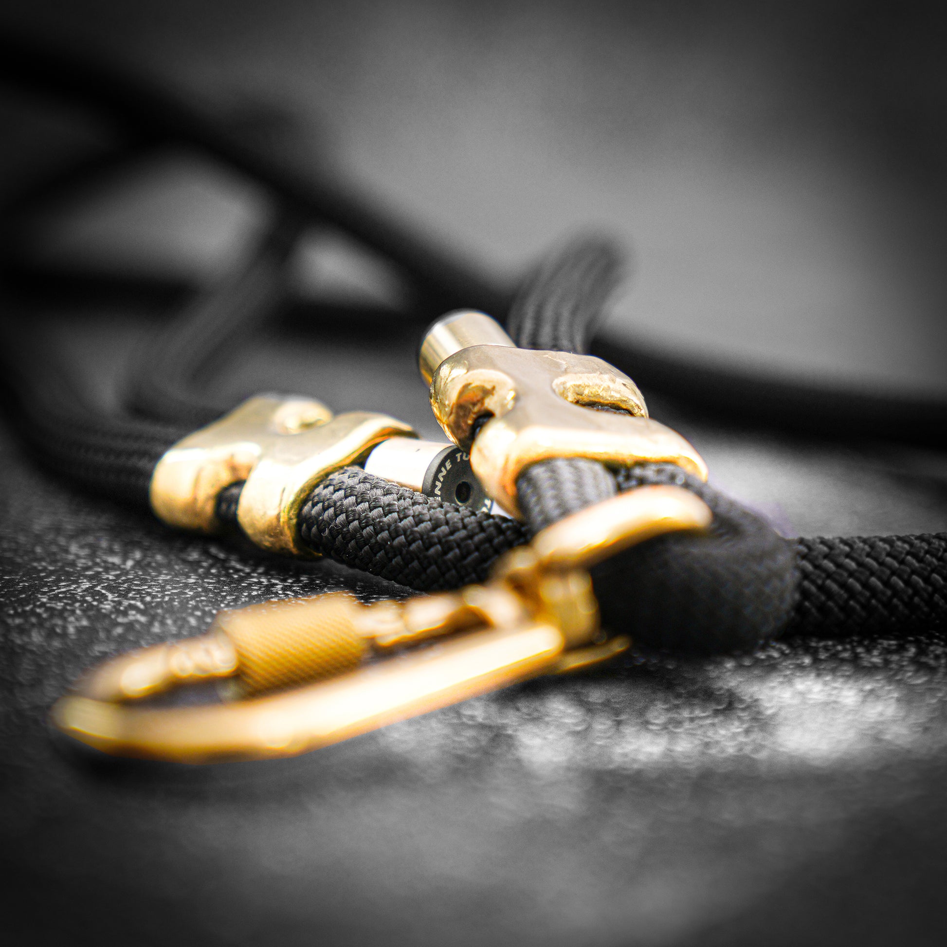 Black rope dog leash with brass metal clasps on a dark background