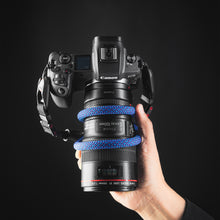 Tuenne camera strap attached to DSLR with Peak Design clips blue