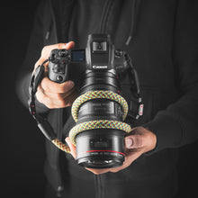 Tuenne camera strap attached to DSLR with Peak Design clips multi color