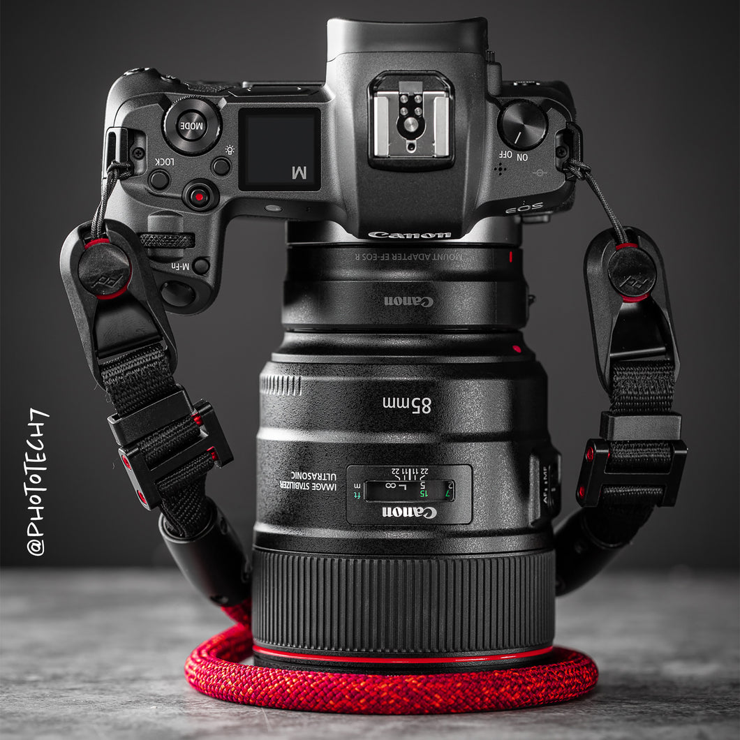 Red climbing rope camera strap compatible with Peak Design by Tuenne