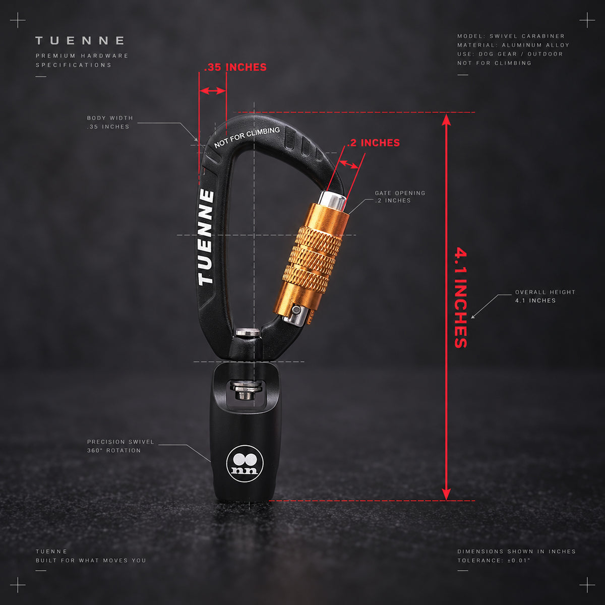 tuenne carabiner with labeled dimensions on a gray board with a gray background
