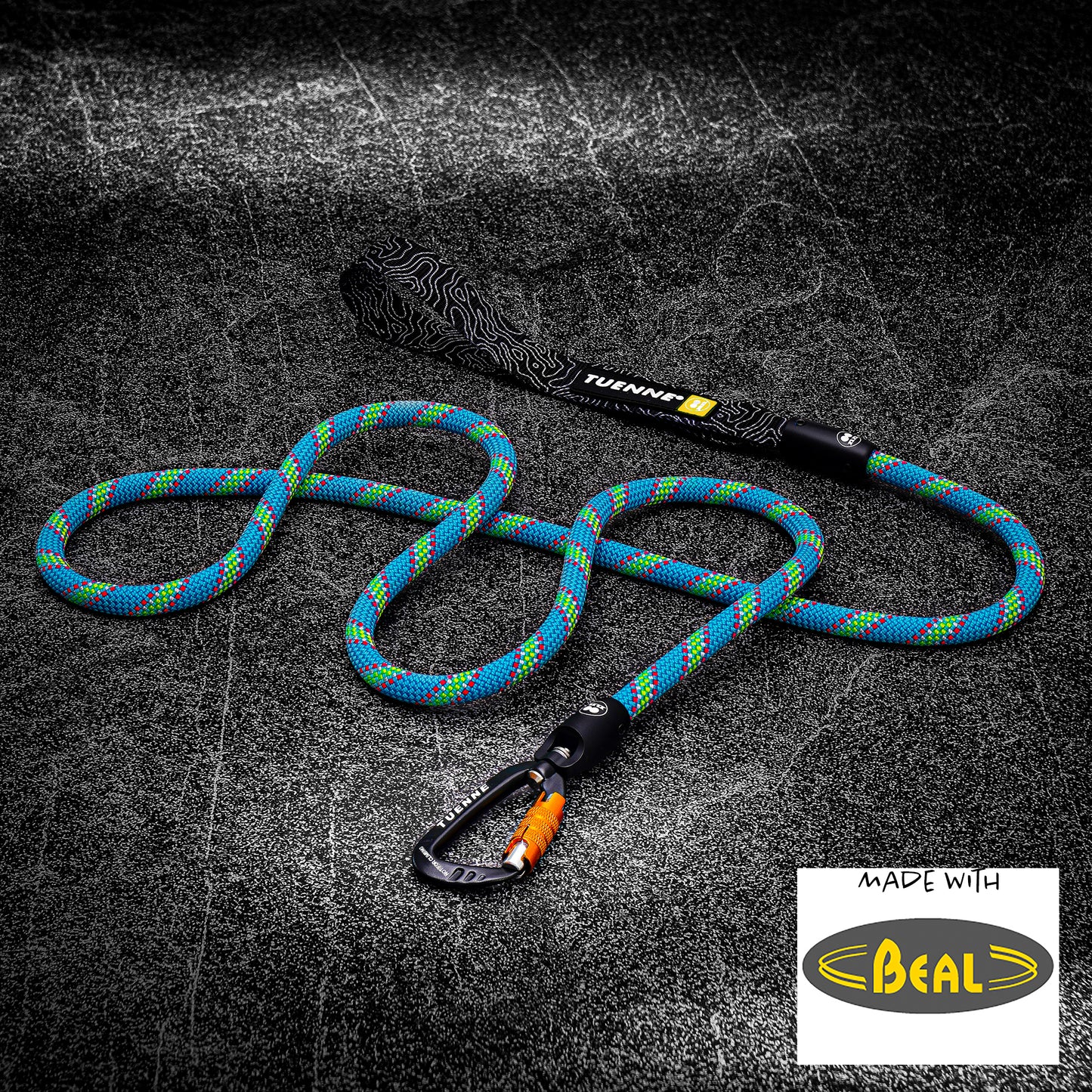 Blue Green climbing rope leash flat lay