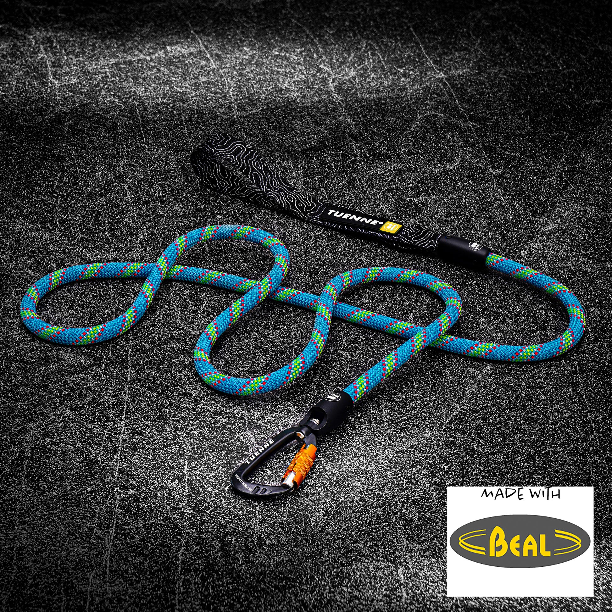Blue Green climbing rope leash flat lay