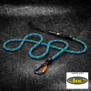 Blue Green climbing rope leash flat lay