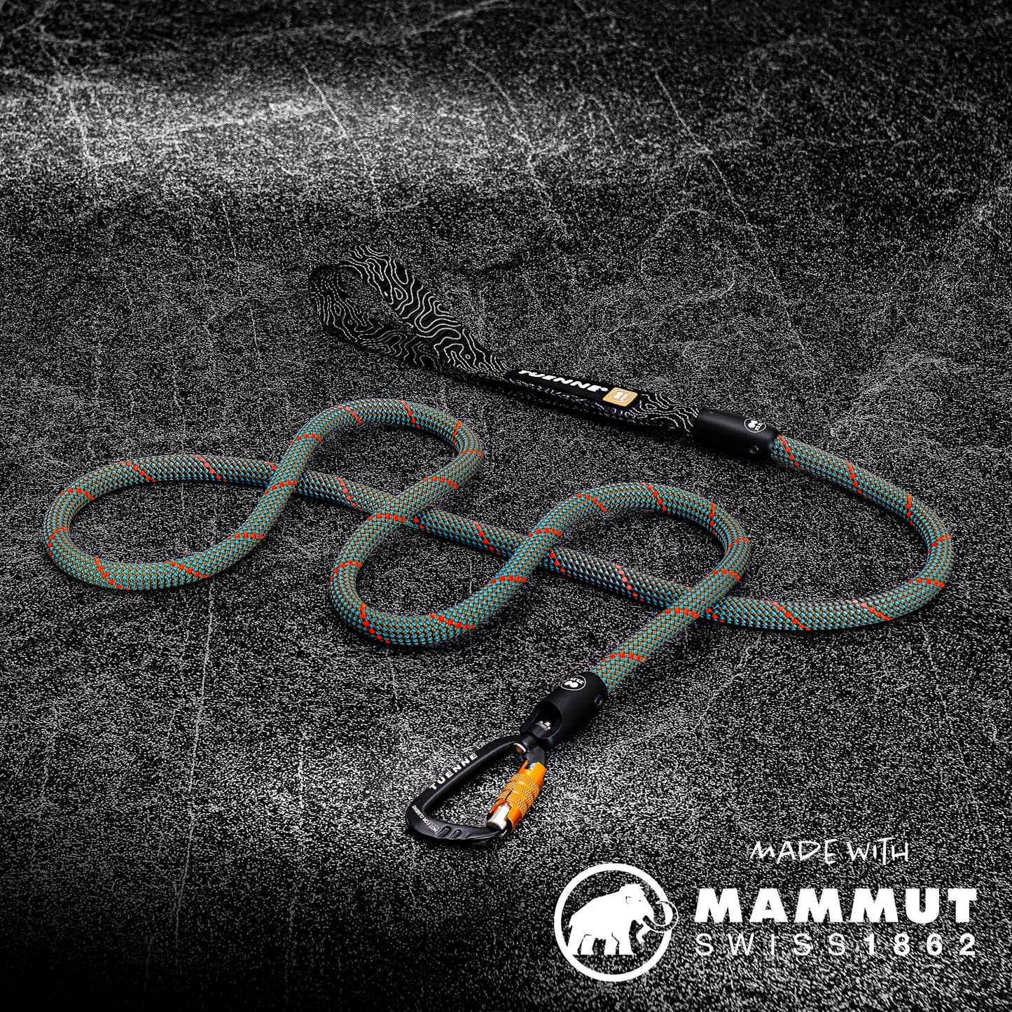 Green climbing rope leash flat lay