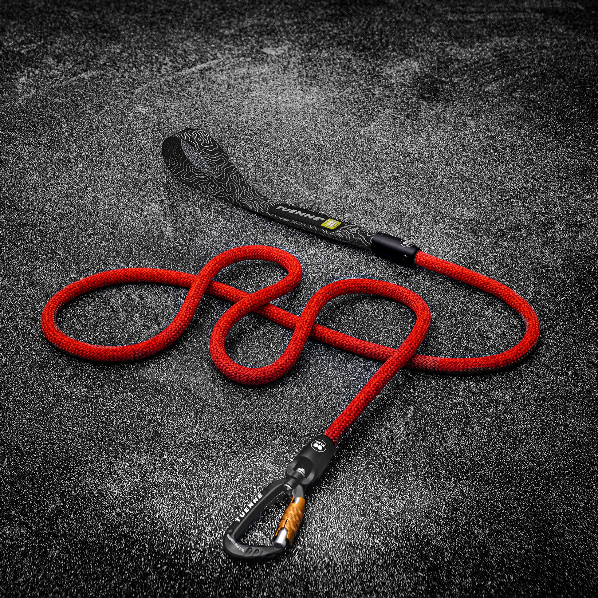 Red climbing rope leash flat lay