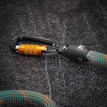 Auto-locking carabiner detail on Tuenne double leash
