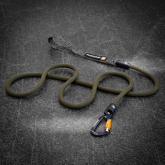 Tuenne Olive 9.8mm climbing rope dog leash with auto-locking carabiner – on a textured gray surface