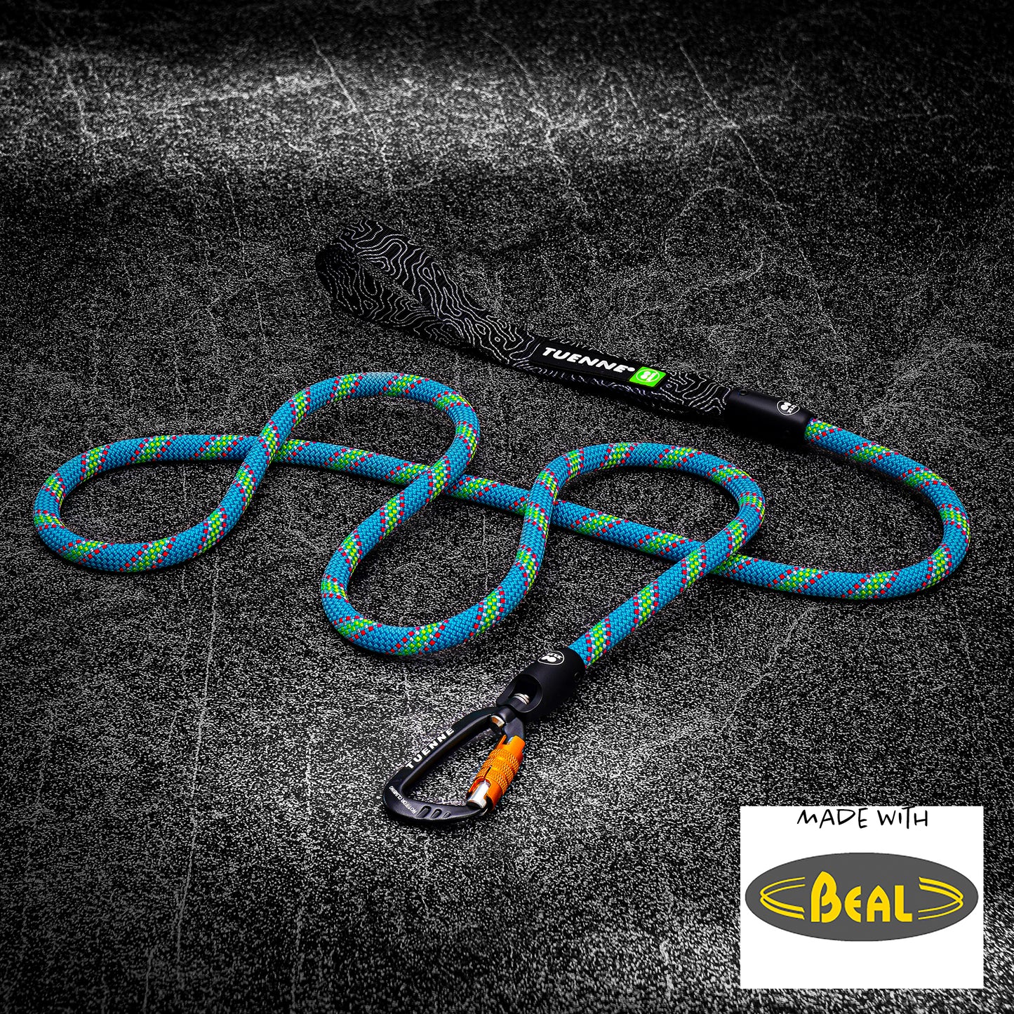 Tuenne 9.5mm Beal dynamic rope dog leash in blue-green stripe with carabiner