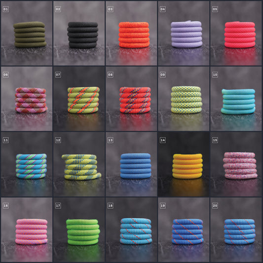 tuenne rope color chart. twenty different thumbnails in a grid displaying ropes coiled against a gray background. 