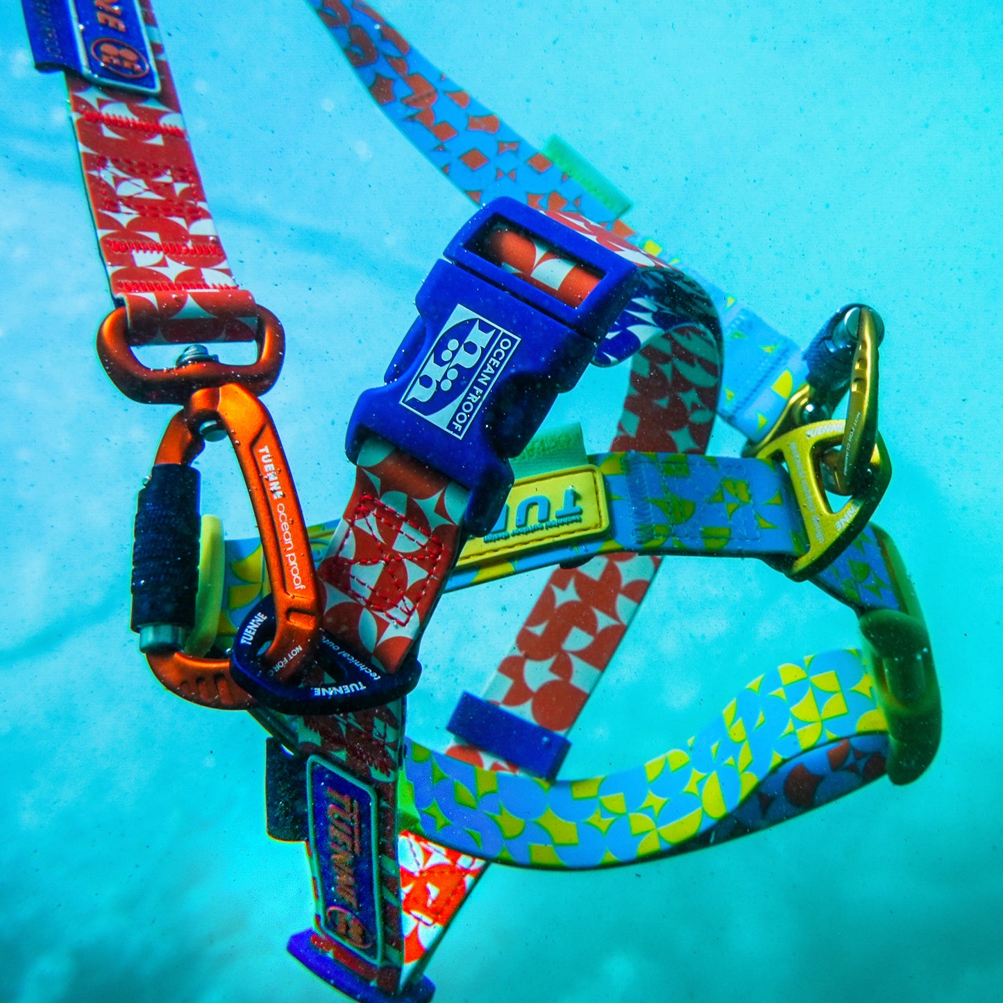 Close-up of Tuenne Geo Oceanproof leash and collar underwater showing smooth silicone-coated waterproof webbing