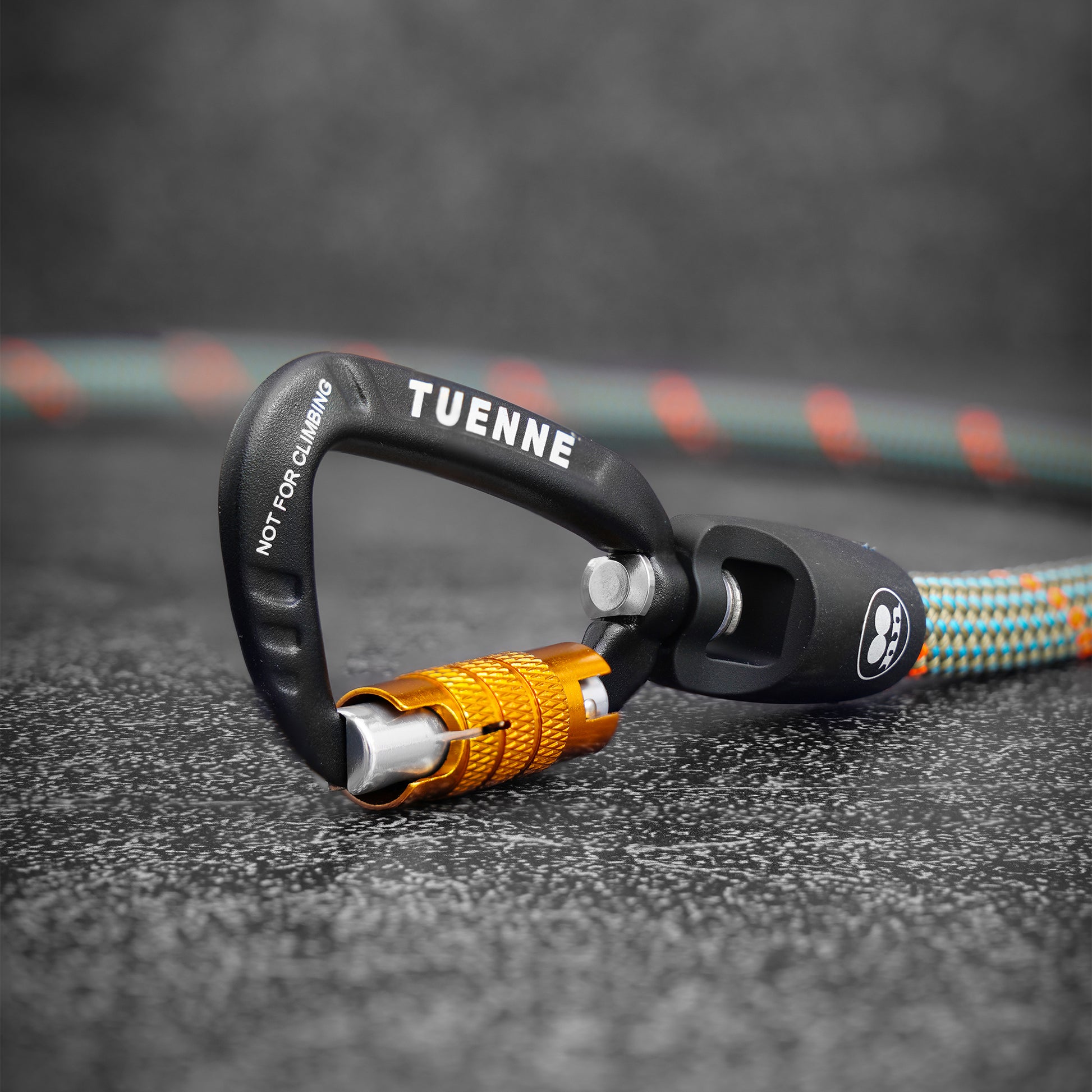 close-up side view of  a carabiner on a rope dog leash using Mammut climbing rope on a gray bokeh background