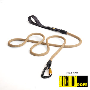 tan climbing rope dog leash carabiner swivel