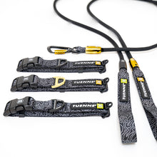 waterproof Black Topographic Dog Collar and leash with durable polyester webbing and gold D-ring – flat lay product image