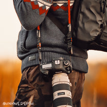 Black climbing rope camera strap compatible with Peak Design by Tuenne on shoot