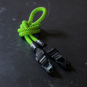 Close-up of modular climbing rope detail on Tuenne camera strap Green