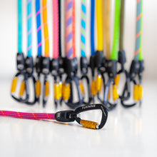 Auto-locking carabiner close-up on climbing rope leash all colors