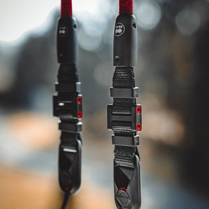 Close-up of modular climbing rope detail on Tuenne camera strap Peak Design connected